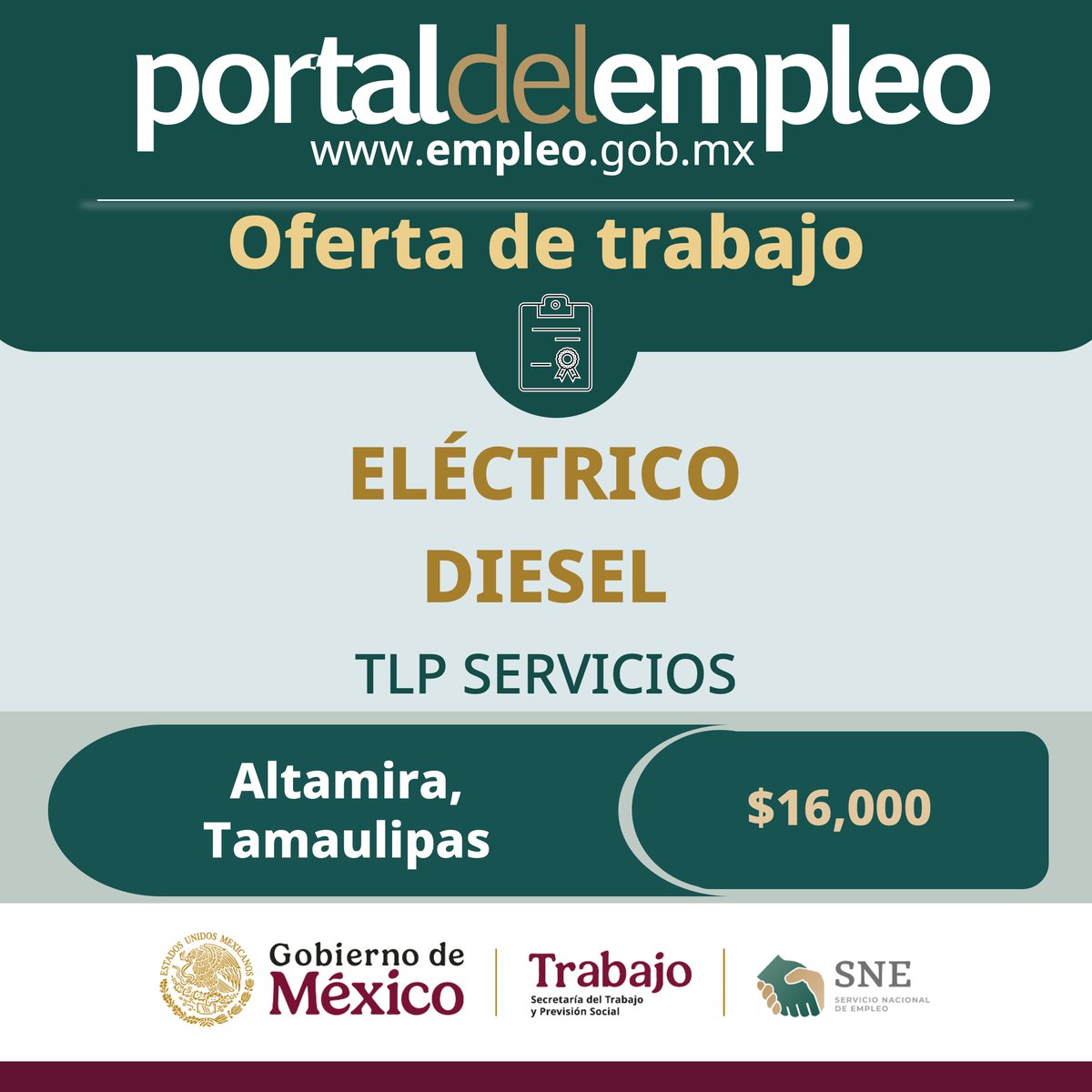Servicio Nacional de Empleo (@empleogob_mx) on Twitter photo 📢 #BolsaDeTrabajo
👤 Eléctrico diesel en TLP Servicios.
📍Para trabajar en #Tamaulipas.
💰16,000.00.
Detalles y postulación en: 🔗 goo.su/XOanJx 📨 contabilidad@tlplog.com
#Trabajo #Empleo #SNE #PortalDelEmpleo #PrimaveraLaboral 📢 #BolsaDeTrabajo
👤 Eléctrico diesel en TLP Servicios.
📍Para trabajar en #Tamaulipas.
💰16,000.00.
Detalles y postulación en: 🔗 goo.su/XOanJx 📨 contabilidad@tlplog.com
#Trabajo #Empleo #SNE #PortalDelEmpleo #PrimaveraLaboral