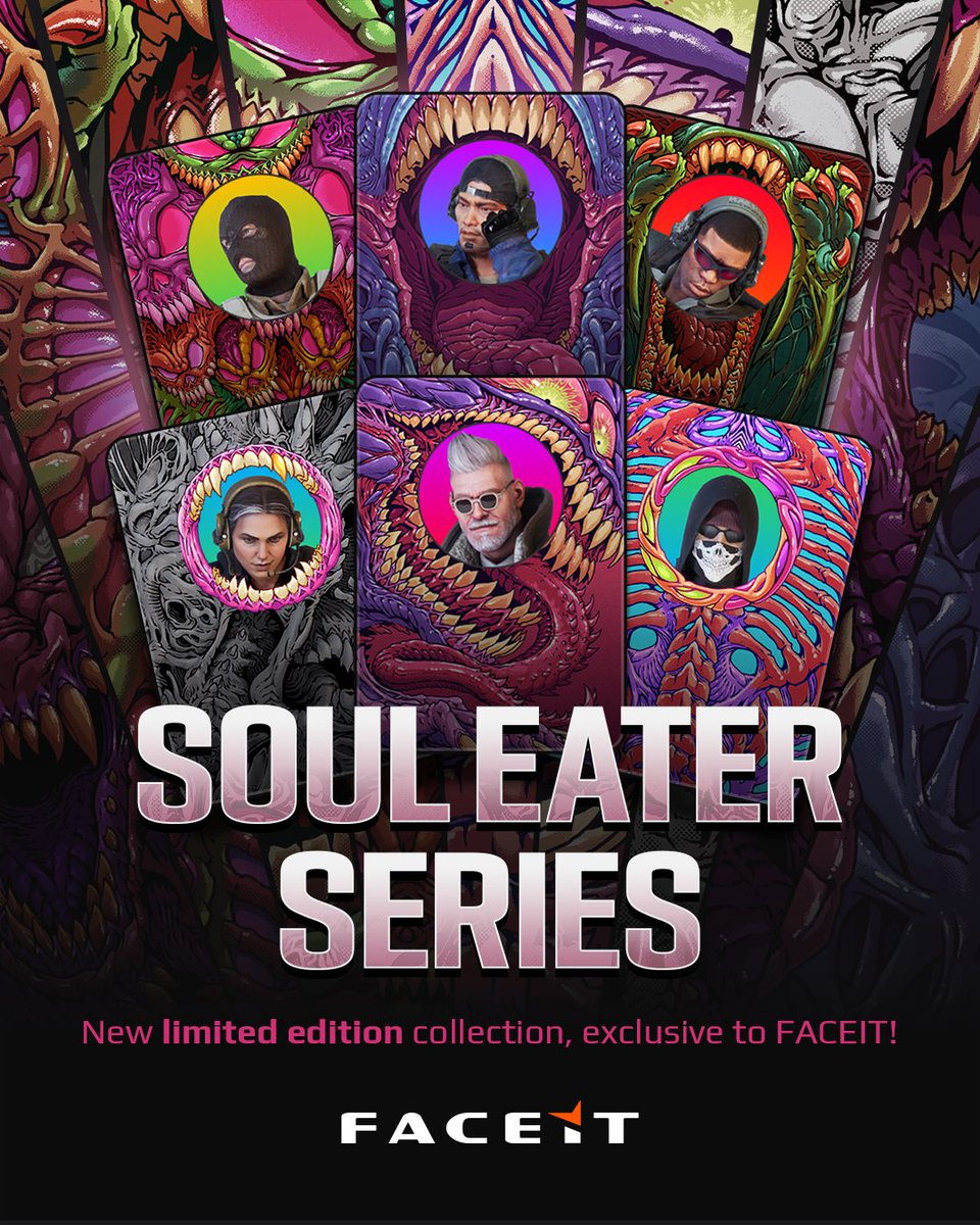 FACEIT's tweet image. 🔥 Monsters have arrived on FACEIT! 🔥
The Soul Eater Series by @brockhofer, creator of the Hyper Beast Skins, is live!
Profile Cards and Avatar Frames that bite back.
🦖 fce.gg/SoulEaterSeries