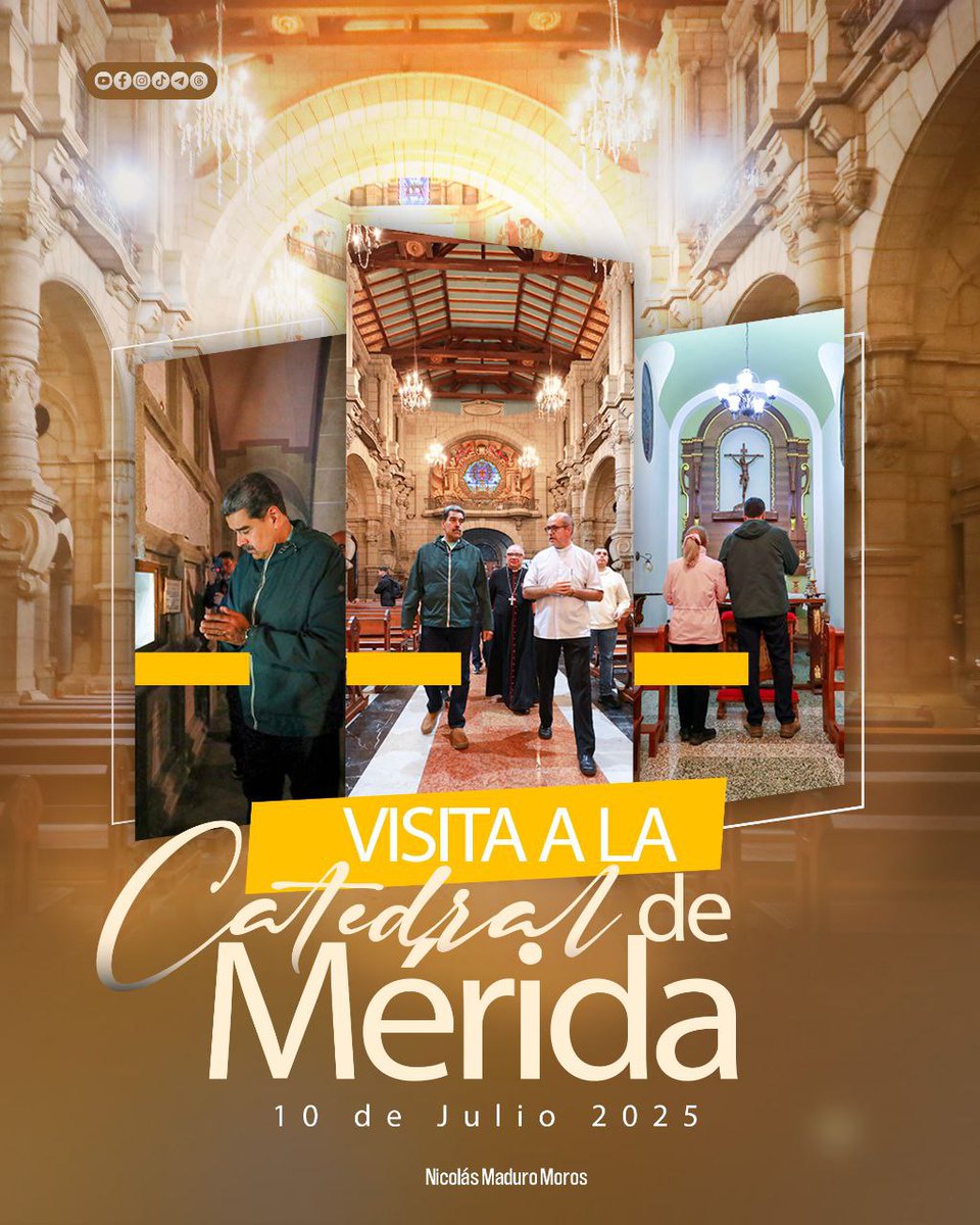 "Hicimos un hermoso recorrido en la Catedral de Mérida junto al Monseñor Helizandro Terán Bermúdez. En esta visita, tuvimos un encuentro cercano con el Padre Creador, a quien le pedimos que continúe bendiciendo al Pueblo merideño. "
Nicolás Maduro 🇻🇪 
#CHCh