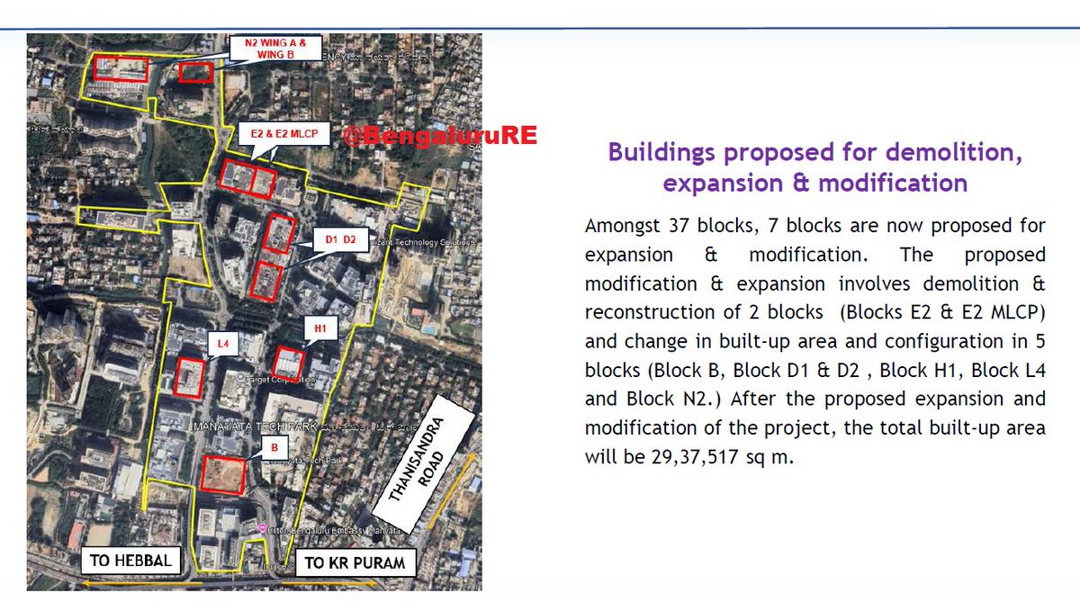 BengaluruRE's tweet photo. #Manyata Tech Park Redevelopment

-Manyata employees old favorite hangout place #Escape will be provided with 4 new amenity blocks of G+2 config
-E2 &amp; MLCP(Nokia building) will be demolished &amp; redeveloped as 3B+G+10 &amp; 3B+G+11 config
-H1(ANZ block) will be modified to add 4 floors https://t.co/dnsqwIRhrY