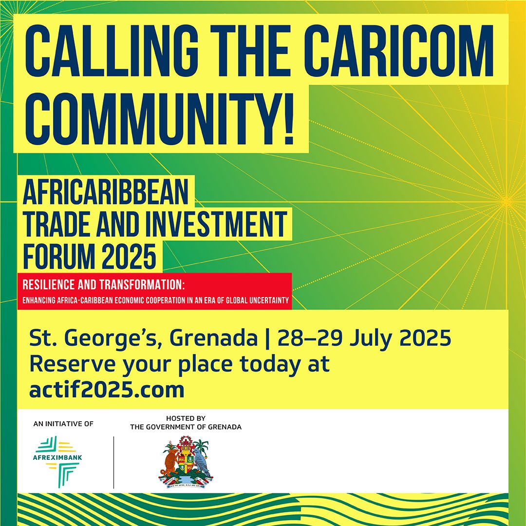 Calling the CARICOM community! 🌍
Join us in St. George’s, Grenada for the AfriCaribbean Trade and Investment Forum 2025 .
🗓️ 28–29 July 2025
📍 St. George’s, Grenada
🌐 Register now at actif2025.com
Let’s shape the future of Africa-Caribbean partnerships!