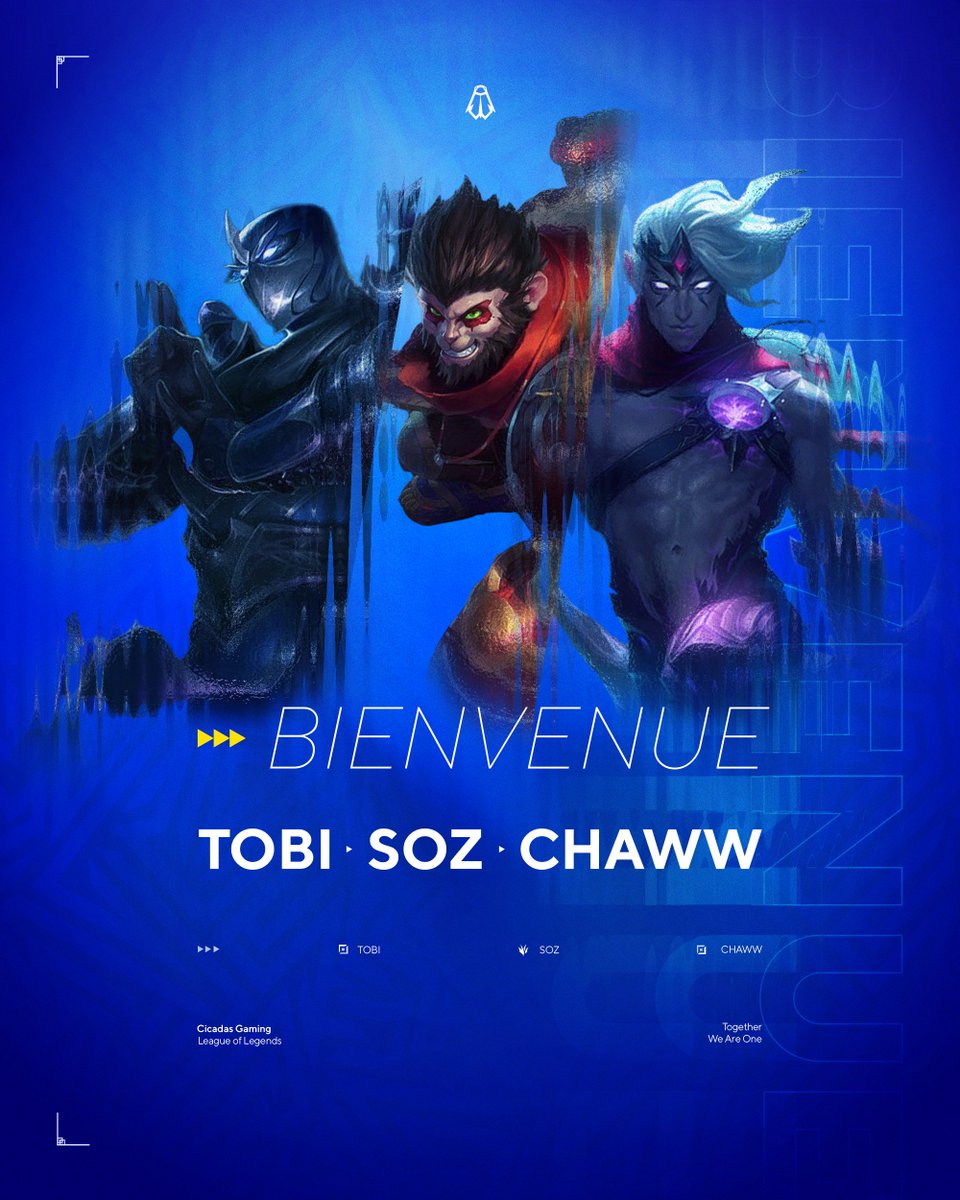 🔵⚫️ ANNONCE 🚨

Les joueurs <a href="/SpiserL/">Tobi4</a>, <a href="/SozXDD/">Soz</a> et <a href="/Chawwv2/">Chaww</a> dans le roster de l'équipe LoL de CICADAS… HERE WE GO !! 

<a href="/SpiserL/">Tobi4</a> sera nôtre Top 
<a href="/SozXDD/">Soz</a> sera nôtre Jungle 
Et <a href="/Chawwv2/">Chaww</a> sera nôtre ADC 

Accueillez les comme ils se doit, on leur souhaite en tout cas le meilleur et la