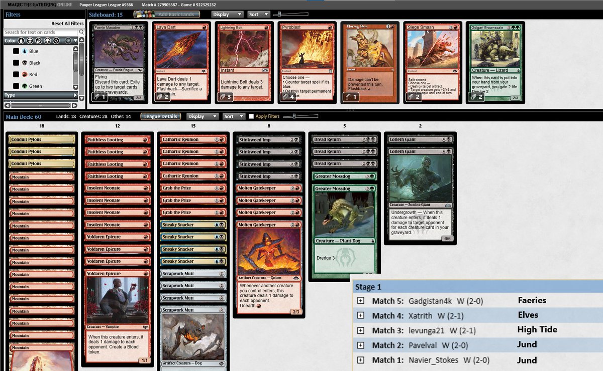 SodekMTG (@mtgsodek) on Twitter photo And I got the trophy!🏆
Red Dredge in Pauper brings back good memories 🥰
In my opinion, the list isn't polished yet, but after the talk with <a href="/Natalino_91/">natalino feshti</a> (9th in Paupergeddon with it), at least I know what I want to test😅 So far, Lava Dart was a good call, Mossdog was fine. And I got the trophy!🏆
Red Dredge in Pauper brings back good memories 🥰
In my opinion, the list isn't polished yet, but after the talk with <a href="/Natalino_91/">natalino feshti</a> (9th in Paupergeddon with it), at least I know what I want to test😅 So far, Lava Dart was a good call, Mossdog was fine.