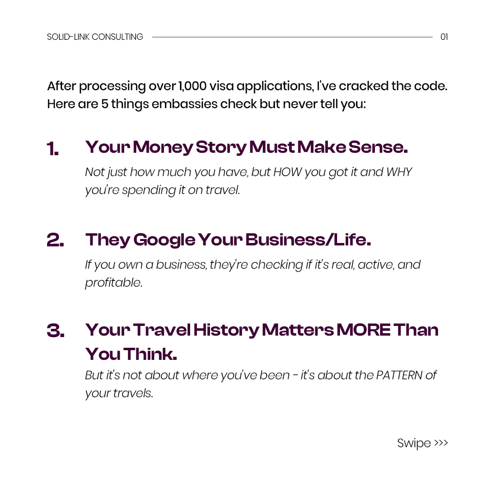 solidlinkco's tweet photo. We're spilling the tea on secrets immigration might not want you to know.
Swipe through to learn more and contact us if you are looking to travel abroad either for study, business, visit or tourism. Regardless of whether or not you've been denied visa before https://t.co/UZBXBCJyqM