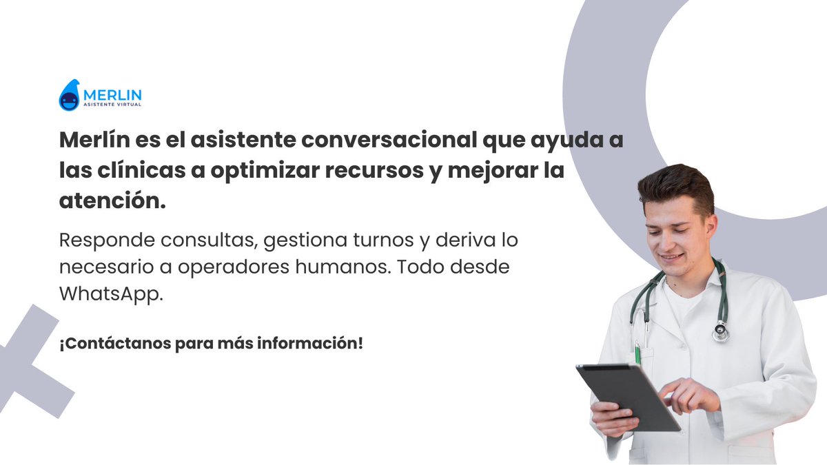 En clínicas y hospitales, el tiempo importa

Merlín es un chatbot diseñado para optimizar recursos y agilizar la atención desde WhatsApp

Gestiona turnos, responde consultas frecuentes y deriva lo necesario a operadores humanos.

Contáctanos --> bit.ly/44qMxsD

#Merlin