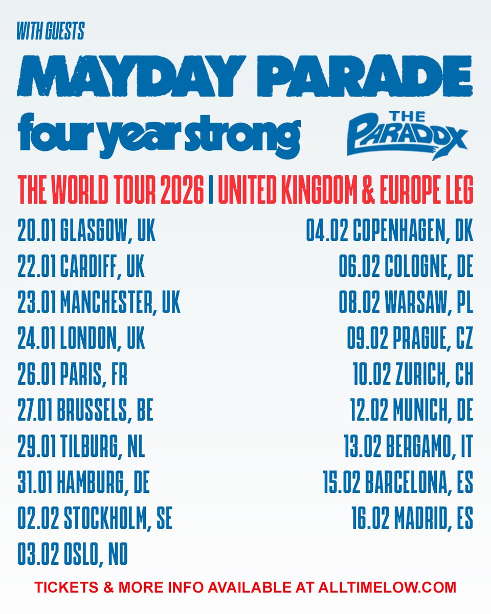 Mayday Parade (@maydayparade) on Twitter photo See you soon, UK/EU! 🇬🇧🇪🇺
A North American tour with All Time Low just isn’t enough...we’ll be joining them on the United Kingdom & European Leg of their EVERYONE’S TALKING! Tour early next year along with <a href="/fouryearstrong/">four year strong</a> and <a href="/TheParadoxBand1/">The Paradox</a>.
Tickets go on sale next Friday! 🎫 See you soon, UK/EU! 🇬🇧🇪🇺
A North American tour with All Time Low just isn’t enough...we’ll be joining them on the United Kingdom & European Leg of their EVERYONE’S TALKING! Tour early next year along with <a href="/fouryearstrong/">four year strong</a> and <a href="/TheParadoxBand1/">The Paradox</a>.
Tickets go on sale next Friday! 🎫