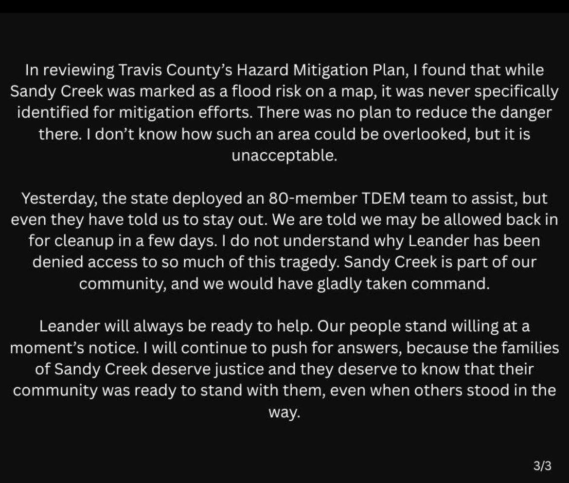 TX FLOODS: The mayor of Leander has released a statement following days of frustration from people who live in the Sandy Creek neighborhood: 

<a href="/KVUE/">KVUE News</a>