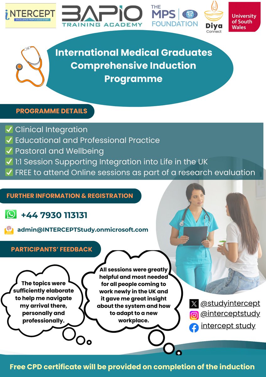 studyintercept's tweet photo. Please share with new to UK IMGs
- Comprehensive Induction 
- Free to attend
- ⁠Simple booking 
We have managed to organise remaining funding monthly sessions for a further year to support IMGs. 
Open to any doctor at any stage or speciality, 
https://t.co/Ol3YI733QS https://t.co/bStMlV8C5M