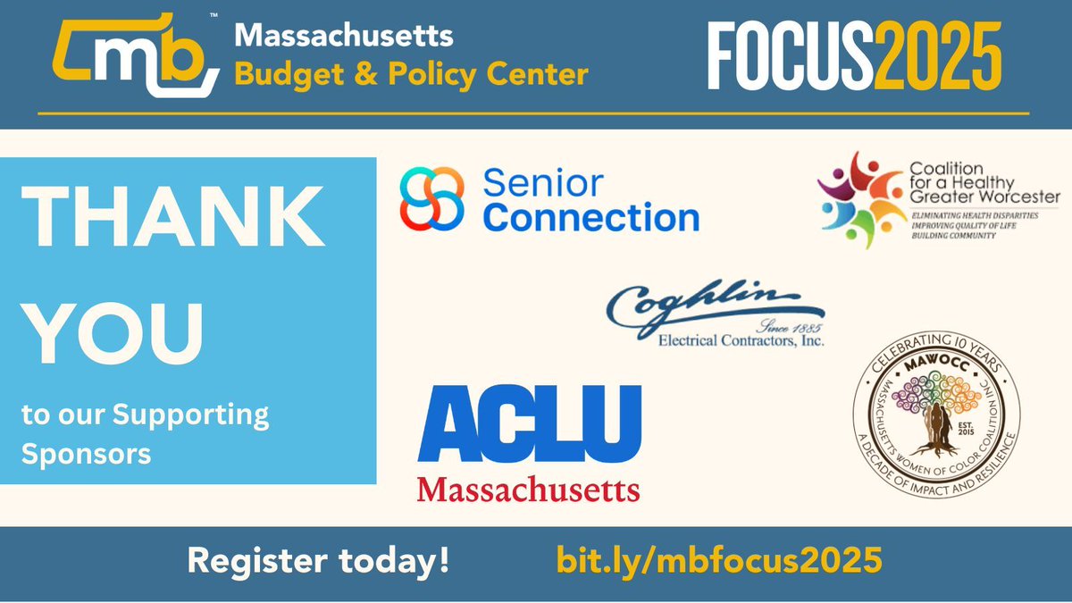 MassBudget (@massbudget) on Twitter photo Are you registered yet for MassBudget's inaugural conference FOCUS2025? TY to our Supporting Sponsors: <a href="/CHGWorcester/">Coalition for a Healthy Greater Worcester</a> <a href="/MASrConnection/">Central MA Senior Connection</a> <a href="/masswocc/">MAWOCC (Massachusetts Women of Color Coalition)</a> ACLU of Massachusetts, Coughlin Electrical Contractors, Inc. buff.ly/dz3Smah Are you registered yet for MassBudget's inaugural conference FOCUS2025? TY to our Supporting Sponsors: <a href="/CHGWorcester/">Coalition for a Healthy Greater Worcester</a> <a href="/MASrConnection/">Central MA Senior Connection</a> <a href="/masswocc/">MAWOCC (Massachusetts Women of Color Coalition)</a> ACLU of Massachusetts, Coughlin Electrical Contractors, Inc. buff.ly/dz3Smah