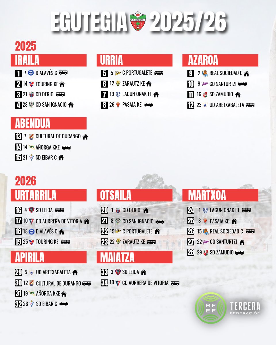 📢 Egutegia ofiziala da!
🏟️ 2025/26 denboraldiko partidak prest daude!
⚽ Irailaren 7an hasiera Alavés C-ren aurka eta amaiera maiatzaren 10ean Aurrera de Vitoriaren aurka, biak kanpoan.
🔴 Aurrera, Deusto!
📸👇 Begiratu hemen jardunaldi guztiak!

#EgurreDeustu 🍅🍅🍅