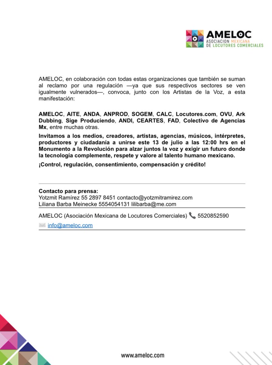 carlitoslili's tweet photo. Comunicado por la manifestación del domingo 13 de julio en el Monumento a la Revolución a las 12. Nos reuniremos artistas de la voz: locutores comerciales, actores de doblaje, músicos, escritores, modelos, editores, compositores, para pedir se regule el uso de la
IA. https://t.co/Bd9K1WwI1e