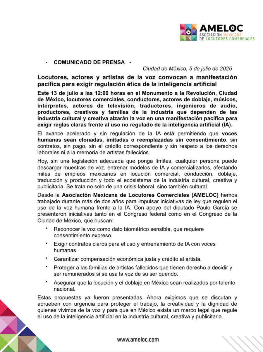 carlitoslili's tweet photo. Comunicado por la manifestación del domingo 13 de julio en el Monumento a la Revolución a las 12. Nos reuniremos artistas de la voz: locutores comerciales, actores de doblaje, músicos, escritores, modelos, editores, compositores, para pedir se regule el uso de la
IA. https://t.co/Bd9K1WwI1e