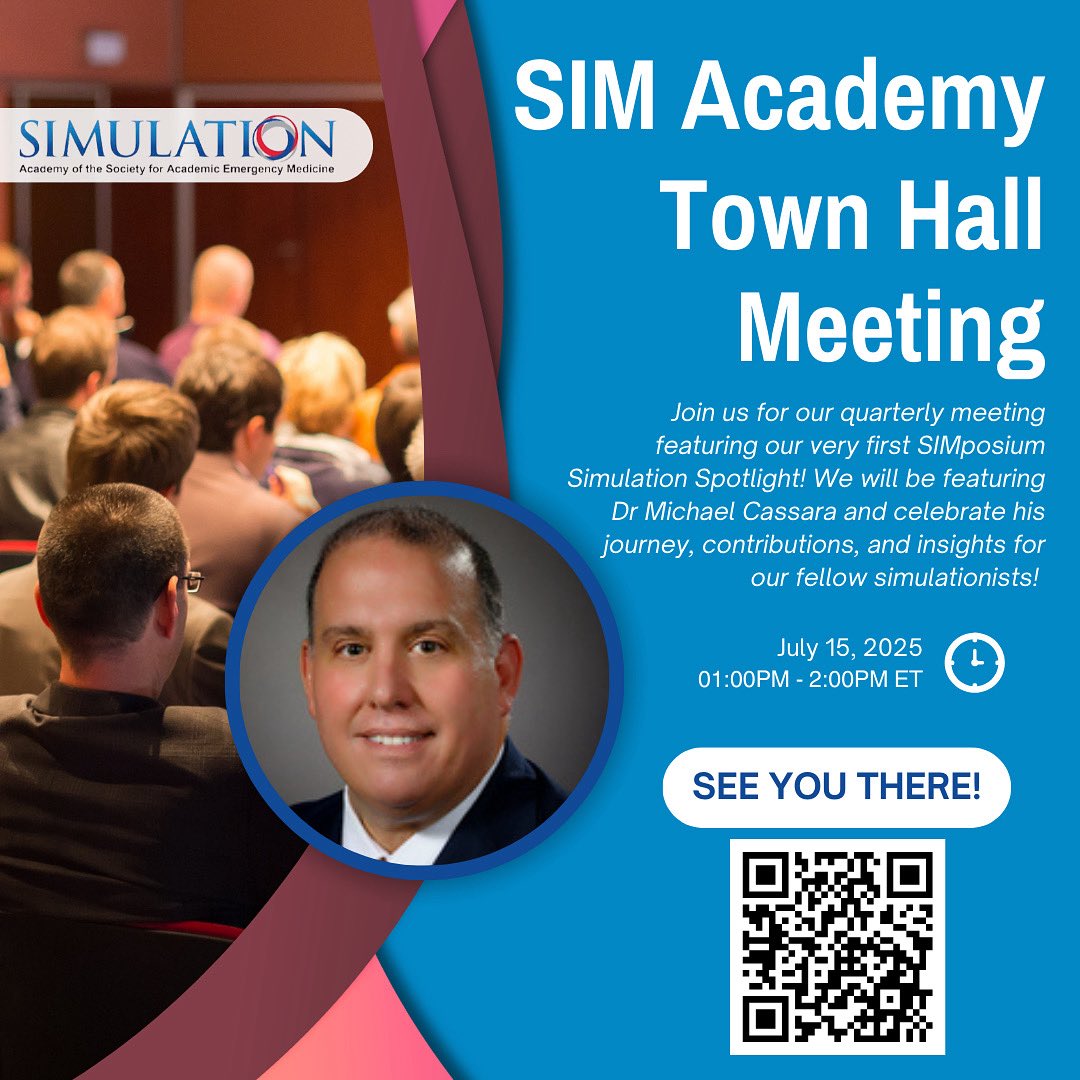 SAEMSimAcademy's tweet image. Join us for our quarterly meeting featuring our very first SIMposium Simulation Spotlight! We will be featuring Dr Michael Cassara and celebrating his journey, his contributions, and insights for our fellow simulationists! #simacademy #simulation #saem