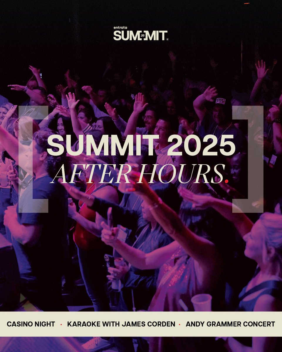 Get ready for the best week in property management.

Here’s your nightly lineup at #EntrataSummit2025:
🎲 Mon: Casino Night (Chart Toppers Edition)
🎶 Tues: Live concert w/ Andy Grammer
🎤 Wed: Karaoke Night w/ James Corden (sign up by Aug 18!)

🎟️ → summit.entrata.com