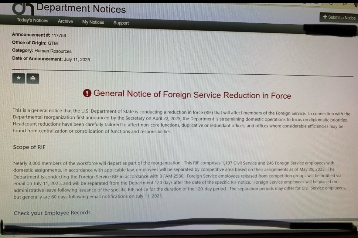 ElizLanders's tweet image. As expected, the State Dept has put out a general notice of the expected reduction in force (RIF) today, July 11.
3k people will their lose jobs: 1,107 civil servants, 246 FSOs with domestic assignments. Individual RIF notices are expected throughout the day.