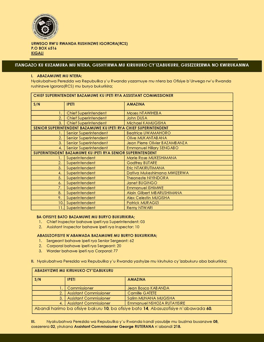 🚨AMAKURU MASHYA🚨

Perezida Kagame yazamuye mu ntera abakozi b’Urwego rw’Igihugu rushinzwe Igorora, RCS, abandi bashyirwa mu kiruhuko cy’izabukuru.

Umukuru w’Igihugu kandi yasubije mu buzima busanzwe abakozi ba 8 ba RCS, babiri barasezererwa, mu gihe Assistant Commissioner