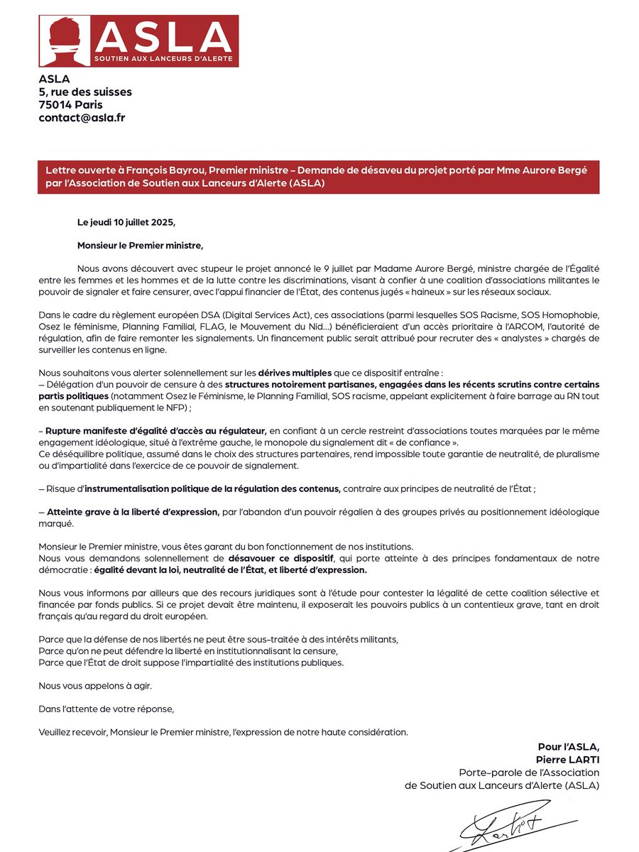 pierre_larti's tweet image. 🔴 J’adresse aujourd’hui au Premier ministre avec l’ASLA une lettre ouverte pour demander le désaveu du projet Bergé.
⚠️ Déléguer à des associations de gauche le pouvoir de censurer l’opinion est une atteinte grave à l’État de droit.
La liberté ne se sous-traite pas.