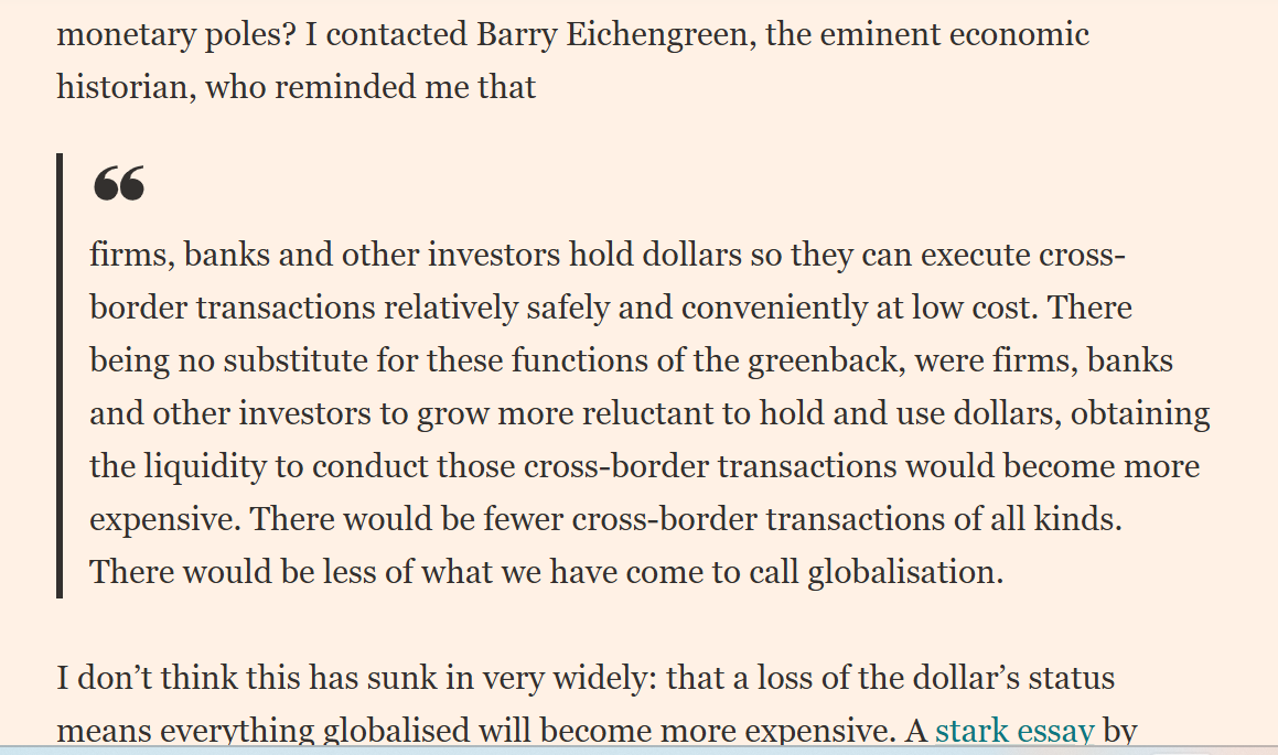I generally agree with the distinguished economic historian Barry Eichengreen.  But  I think he is a bit too pessimistic here -- the euro has its limits, but I suspect it would work reasonably well as a vehicle currency that lubricates global trade and finance

1/