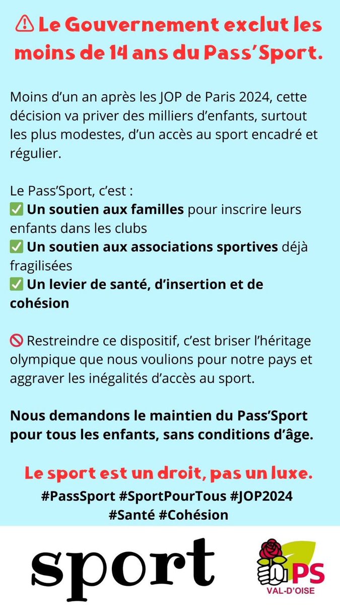 En guise de célébration du succès des JOP Paris 2024, le gouvernement s’attaque une nouvelle fois aux familles et aux associations ! 

Le sport est un droit !

#passsport