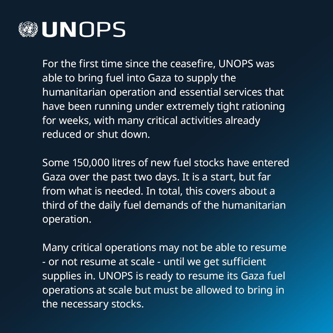 UNOPS_Chief's tweet image. For the first time since the ceasefire, @UNOPS has been able to bring fuel into #Gaza. 150k litres over 2 days.
A critical step, but still just one-third of what’s needed daily.
Humanitarian operations remain at risk without sustained and sufficient fuel access.
