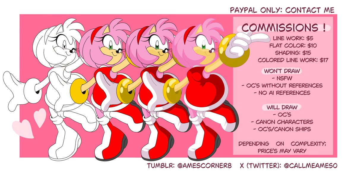 callmeames0's tweet image. Hereβs my commission sheet if you are interested. If you have any questions my DMs are open π«Ά #sonicart #Commission #sth #SonicTheHedgehog #sonic #amyrose #commissionart #myart #myartwork