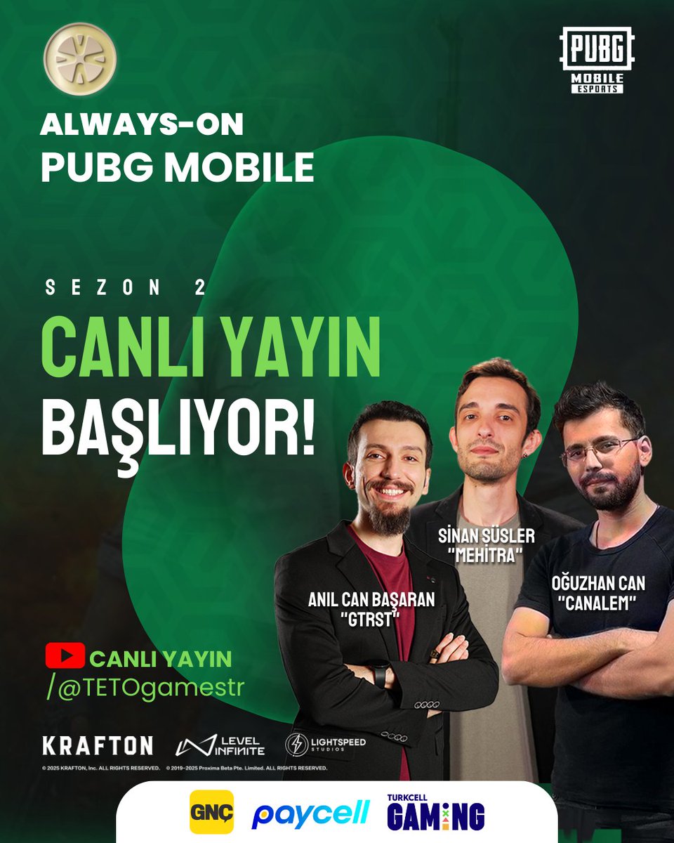 🚀 Always-ON PUBG MOBILE
🔥 Sezon 2 | Aylık 1 Gün 1 Canlı Yayını Başlıyor! 🎯

Mücadelenin en heyecanlı anlarını canlı izle! 💥 Büyük savaş, stratejik hamleler ve zafer için kıyasıya rekabet seni bekliyor! 🏆
 60.000 TL büyük ödül sizleri bekliyor. 🎯

📺 Hemen katıl: