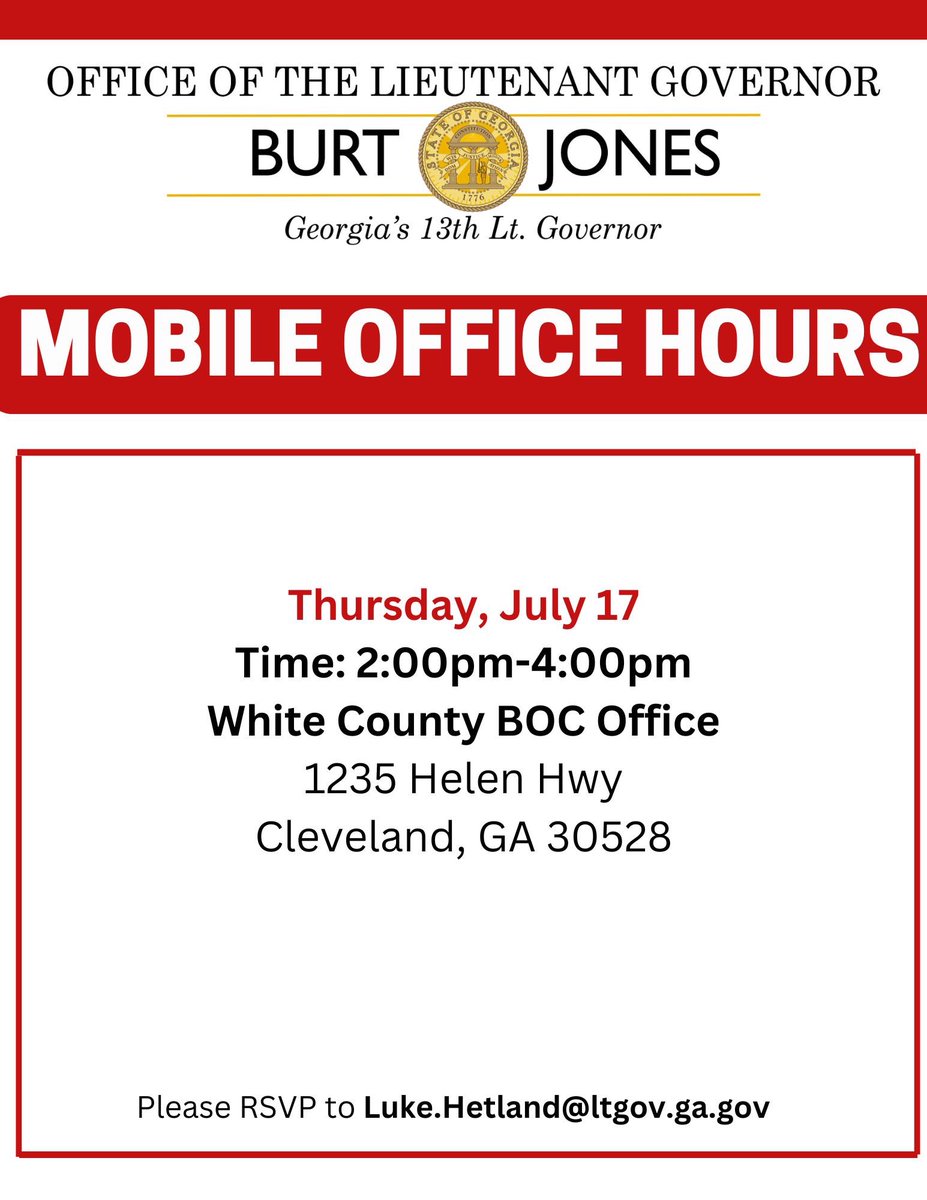 LtGovJonesGA's tweet image. Next week, Mobile Office Hours will be in Glascock, Jefferson, and White Counties!
Come meet with representatives from my office as they discuss the important issues in your community. See below for more details! #gapol