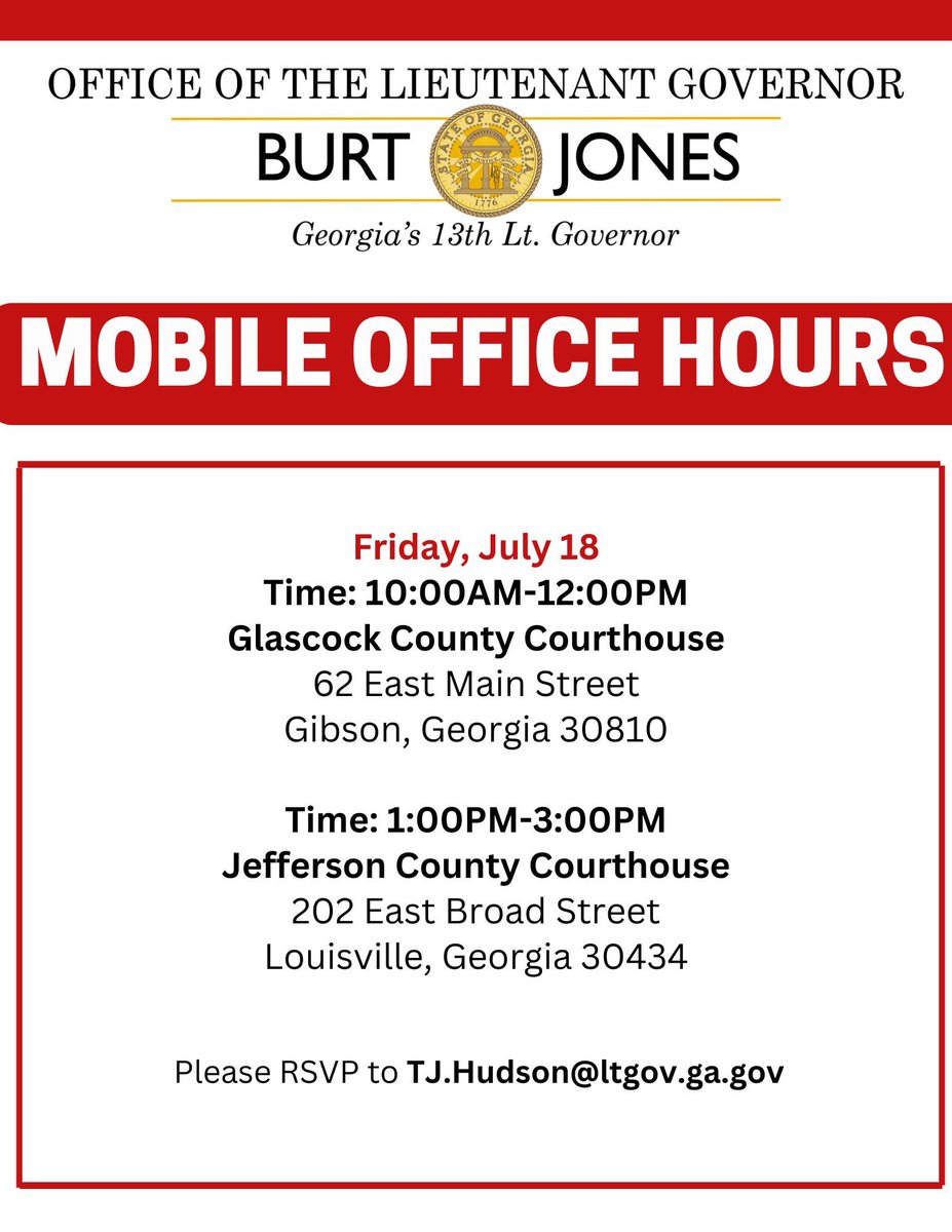 LtGovJonesGA's tweet image. Next week, Mobile Office Hours will be in Glascock, Jefferson, and White Counties!
Come meet with representatives from my office as they discuss the important issues in your community. See below for more details! #gapol
