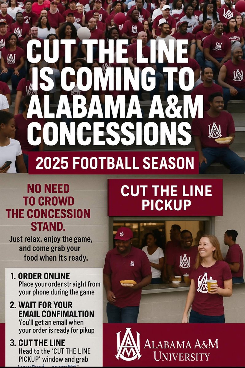 AAMU_Alumni's tweet image. 🎉 New this season at AAMU Football: Cut The Line 🏈🍔
Order from your phone, skip the wait & grab your food when it’s ready — no lines, no stress!
📲 100% of profits stay with AAMU.
#CutTheLine #BulldogPride #AAMUFootball #AAMU150 #GameDayEats