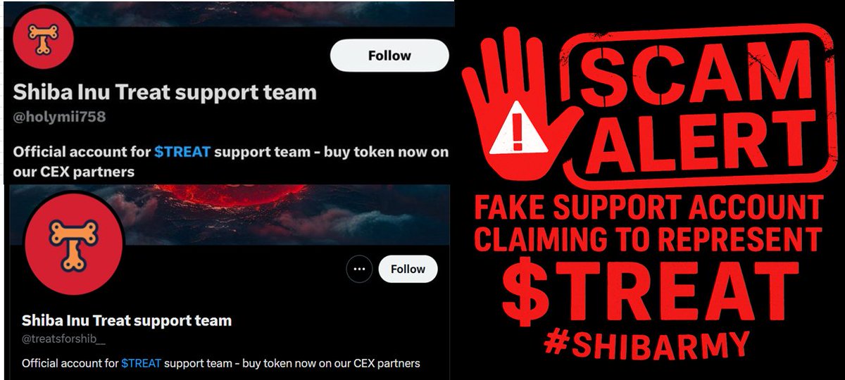 🚨SHIBARMY ALERT🚨  

Beware of fake support accounts claiming to represent $TREAT. One such account ""Shiba Inu Treat support team"" these are NOT OFFICIAL.

🔍 Truth Check:  
- No verified X account for Treat support team exists.  
- The account pushes false narratives wrapped
