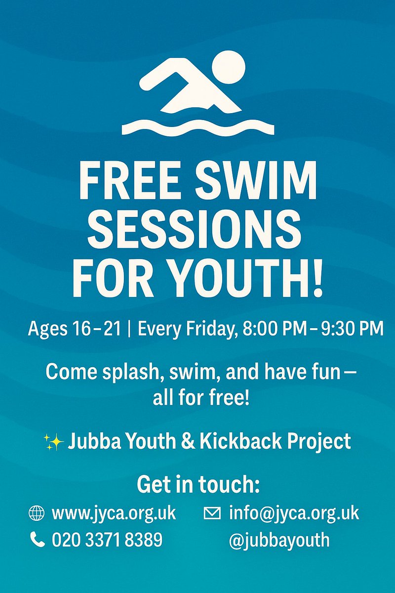 JubbaYouth's tweet image. 🏊‍♂️ FREE swim sessions for youth!

Ages 16–21 | Fridays 8–9:30 PM
Come splash, swim &amp;amp; have fun — all for free!

✨ Jubba Youth &amp;amp; Kickback Project
👉 [jyca.org.uk]() | @jubbayouth #YouthLondon #FreeSwim