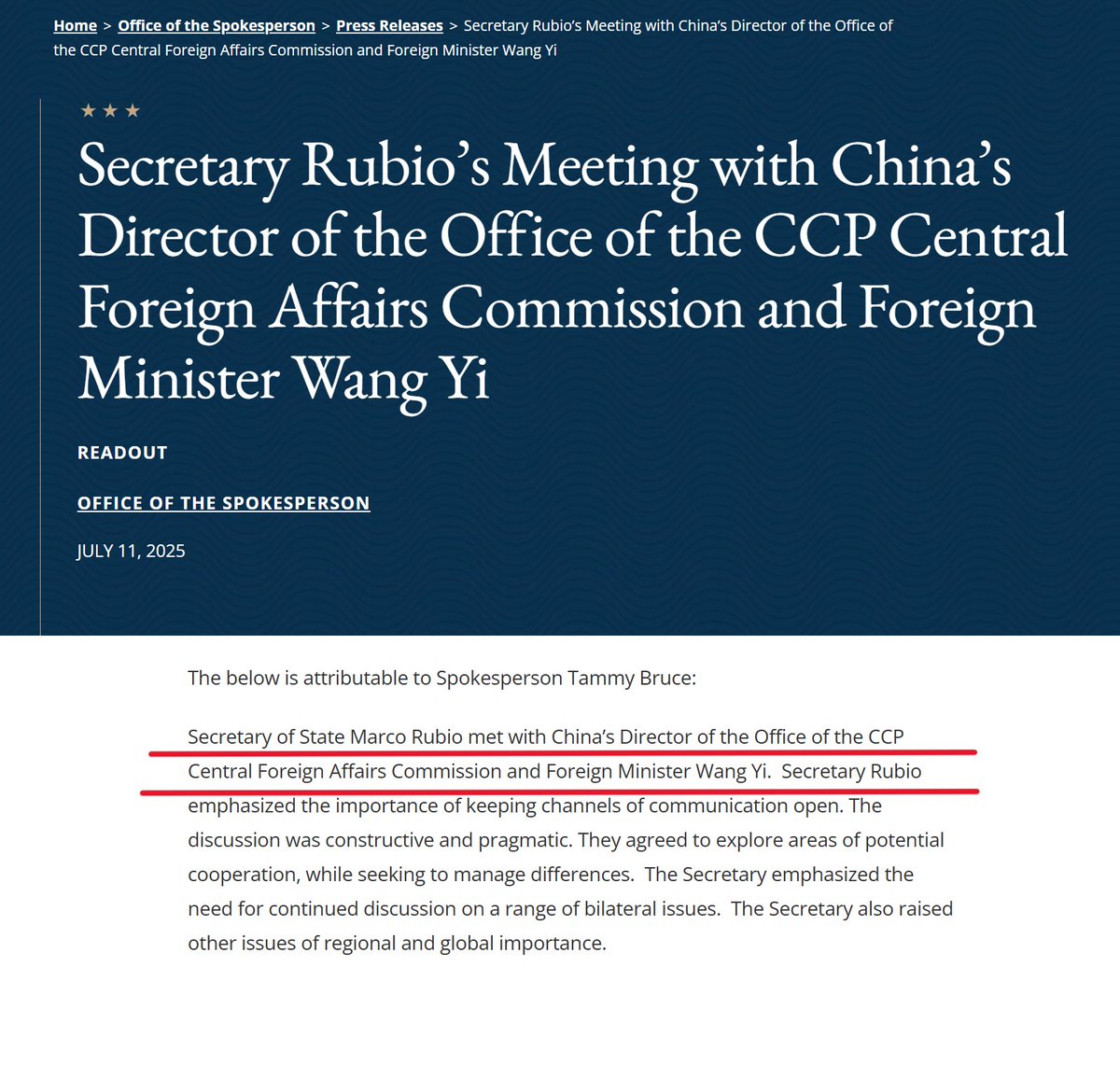 美国国务院：卢比奥会见了中共中央外事工作委员会办公室主任兼外交部长王毅。“中共中央外事工作委员会办公室主任”在前。