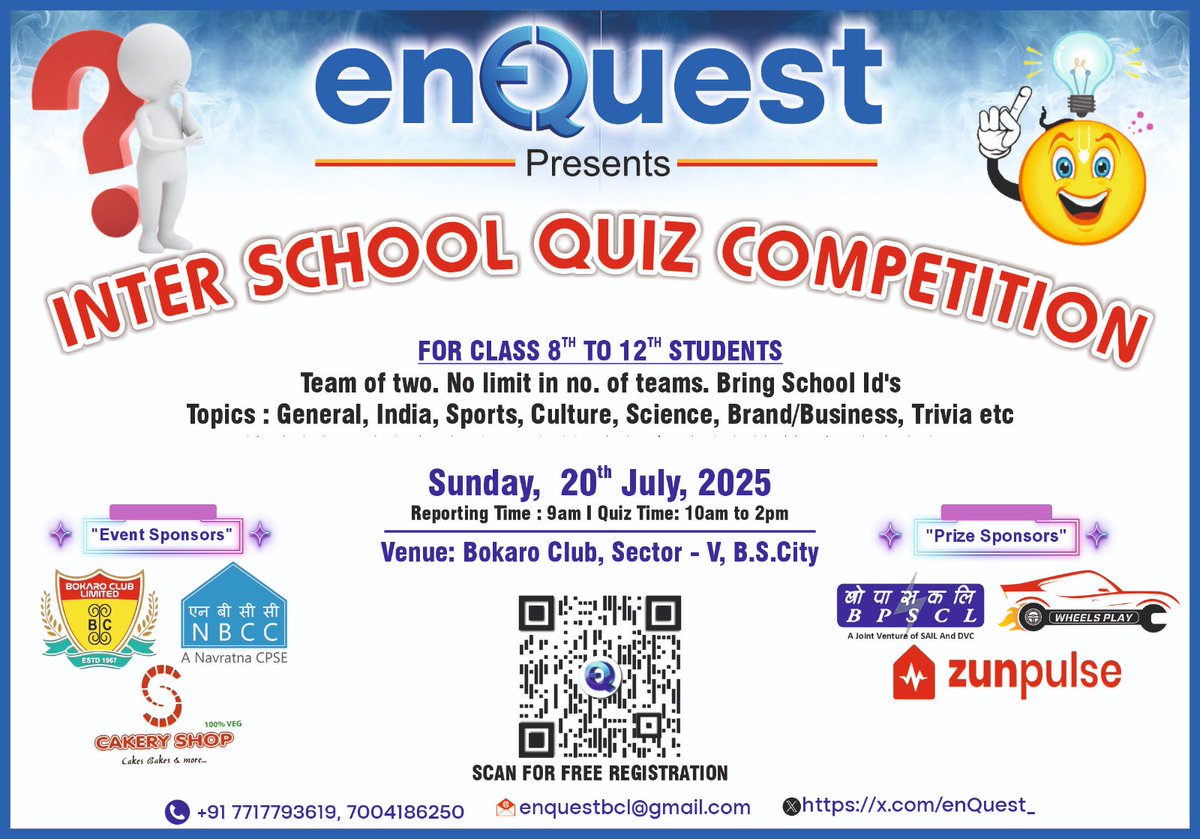 enQuest (@enquest_) on Twitter photo Team <a href="/enQuest_/">enQuest</a> welcome it's sponsors for the upcoming Inter-School Quiz to be held on 20.07.2025 at Bokaro Steel City, Jharkhand.
<a href="/OfficialNBCC/">NBCC (India) Limited</a> <a href="/wheelsplay/">WheelsPlay.in</a>
<a href="/zunpulse/">zunpulse</a> , BPSCL ( a JV of <a href="/SAILBSL2/">SAIL- Bokaro Steel Plant</a> & <a href="/damodarvalleyco/">Damodar Valley Corporation</a> ) , <a href="/BokaroClub/">BokaroClubLtd</a> and Cakery. Team <a href="/enQuest_/">enQuest</a> welcome it's sponsors for the upcoming Inter-School Quiz to be held on 20.07.2025 at Bokaro Steel City, Jharkhand.
<a href="/OfficialNBCC/">NBCC (India) Limited</a> <a href="/wheelsplay/">WheelsPlay.in</a>
<a href="/zunpulse/">zunpulse</a> , BPSCL ( a JV of <a href="/SAILBSL2/">SAIL- Bokaro Steel Plant</a> & <a href="/damodarvalleyco/">Damodar Valley Corporation</a> ) , <a href="/BokaroClub/">BokaroClubLtd</a> and Cakery.