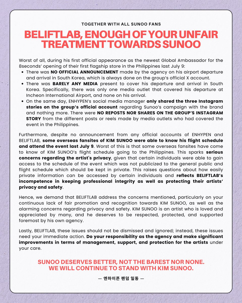 ً (@ksnimage) on Twitter photo STEP UP, BELIFT!
<a href="/BELIFTLAB/">BELIFT LAB</a> address your lack of fair promotion, support and protection towards #SUNOO and his privacy. He deserves to be treated better and it's your responsibility to uphold that.
BELIFTLAB TREAT SUNOO BETTER
#EnoughBELIFT #BELIFTRespectSunoo #SunooMattersMost STEP UP, BELIFT!
<a href="/BELIFTLAB/">BELIFT LAB</a> address your lack of fair promotion, support and protection towards #SUNOO and his privacy. He deserves to be treated better and it's your responsibility to uphold that.
BELIFTLAB TREAT SUNOO BETTER
#EnoughBELIFT #BELIFTRespectSunoo #SunooMattersMost