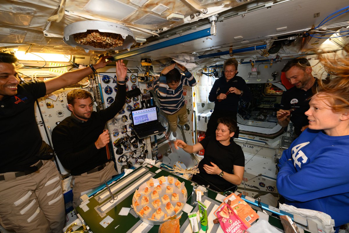 AstroPeggy's tweet image. Enjoying our last few days on the @Space_Station with rehydrated shrimp cocktails and good company! #Ax4