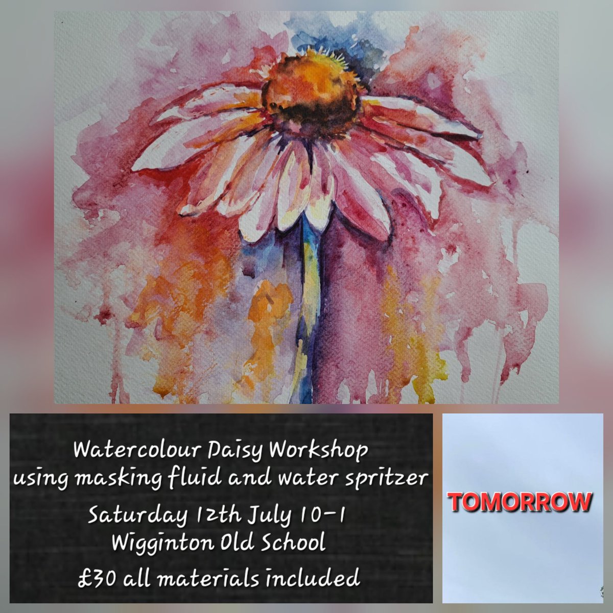 sueclaytonart's tweet image. Want to escape the heat?
Join me tomorrow at Wigginton Old School 10-1 for Watercolour Daisy workshop where we'll be exploring using masking fluid and water spritzers for a loose, expressive study.
£30 all materials included.
Call 07935 007765 or email sueclaytonart@gmail.com