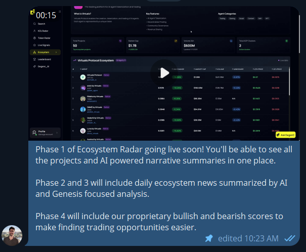 mikocryptonft's tweet image. If you're in $DEGENC, make sure that you're in the @DegenCapitalCIO TG channel to get real-time updates as we build our AI platform.
You'll get more visibility and earlier updates compared to waiting for announcements.
For example, I dropped updates on the @virtuals_io…