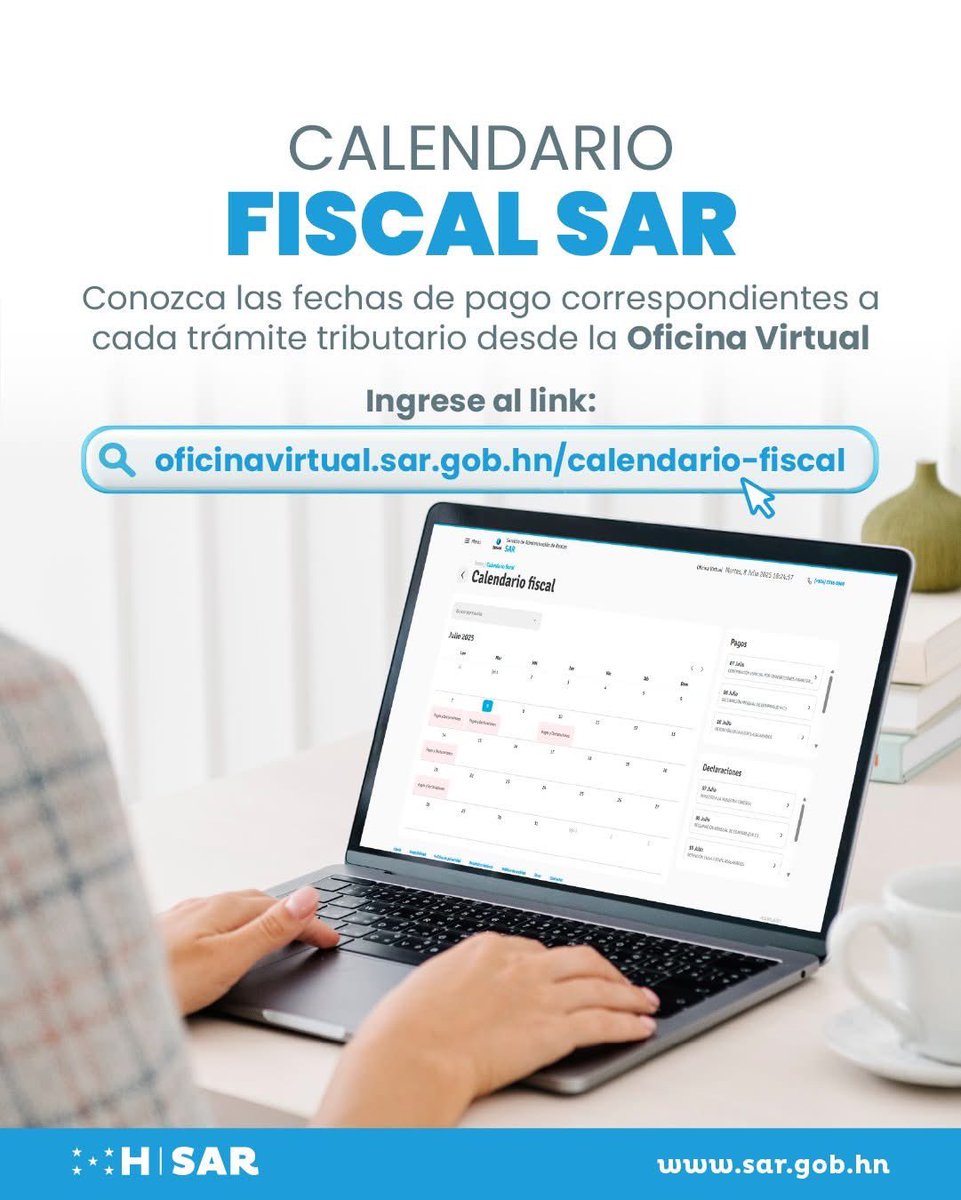 ✅ ¡Manténgase al día con sus obligaciones!

🗓️ Consulte nuestro 𝗖𝗮𝗹𝗲𝗻𝗱𝗮𝗿𝗶𝗼 𝗙𝗶𝘀𝗰𝗮𝗹 para conocer todas las fechas clave de declaraciones y pagos.

🔗Acceda fácilmente desde la Oficina Virtual del SAR:
oficinavirtual.sar.gob.hn/calendario-fis…