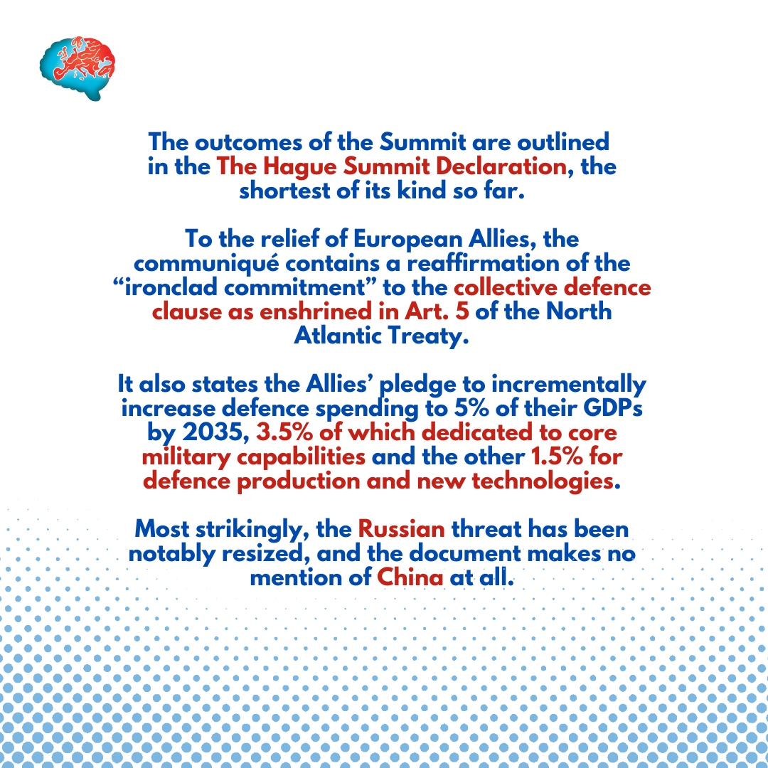 The much-anticipated 2025 NATO Summit in The Hague has seen the 32 Allies pledge to raise their defence spending to 5% of their GDPs by 2035 to meet US President Donald Trump's demands.

Check out the following infographic made by Giovanni Gereschi, EST Ambassador to Italy!