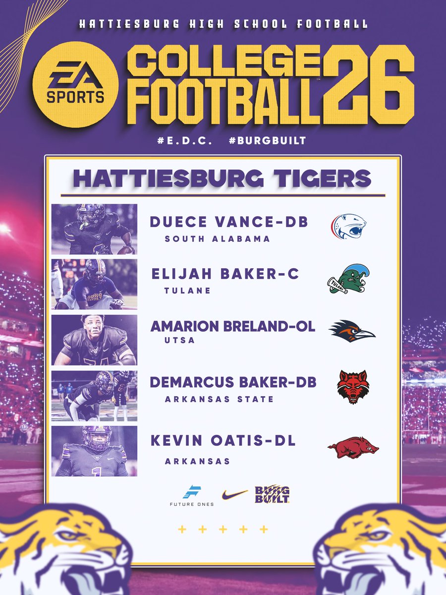 Hattiesburg Tigers are in the game!!! Proud of these former Tigers for representing our football program on the new NCAA 26 college football game. Don’t just be… COME BE THE BEST!!! Go Tigers!!! #BurgBuilt™️ #EDC
