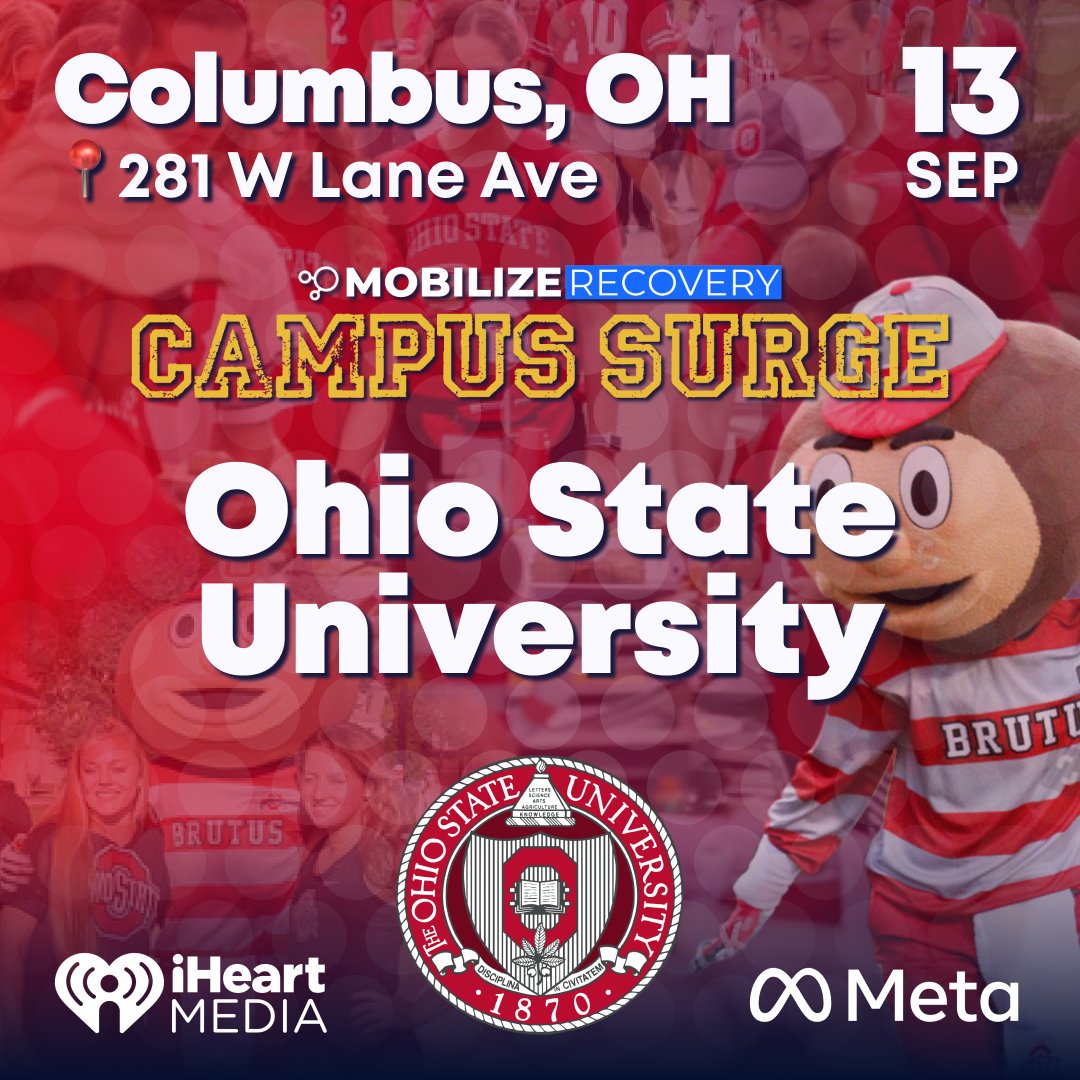 MobilizeRecover's tweet image. Big news, Buckeyes!
Mobilize Recovery’s Campus Surge is coming to Ohio State University this fall!
We’re hosting a powerful, day-long event on Saturday, September 13th, designed to uplift and connect students who care about mental health, recovery, and creating real change.…