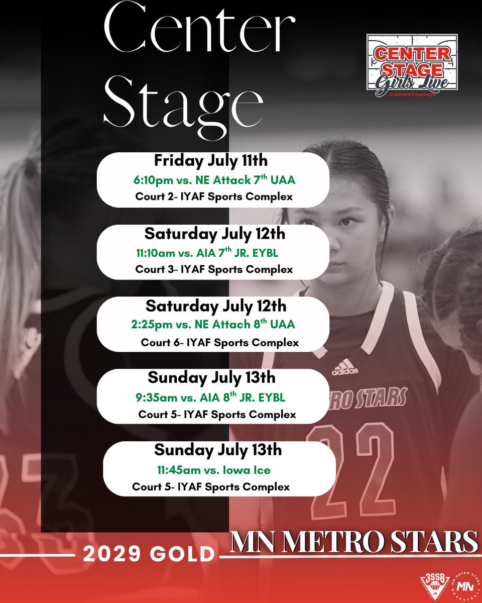 𝟮𝟬𝟮𝟵 𝗚𝗼𝗹𝗱 
𝗖𝗲𝗻𝘁𝗲𝗿 𝗦𝘁𝗮𝗴𝗲 𝗦𝗰𝗵𝗲𝗱𝘂𝗹𝗲

#metrostarsfamily #3SSBGirls