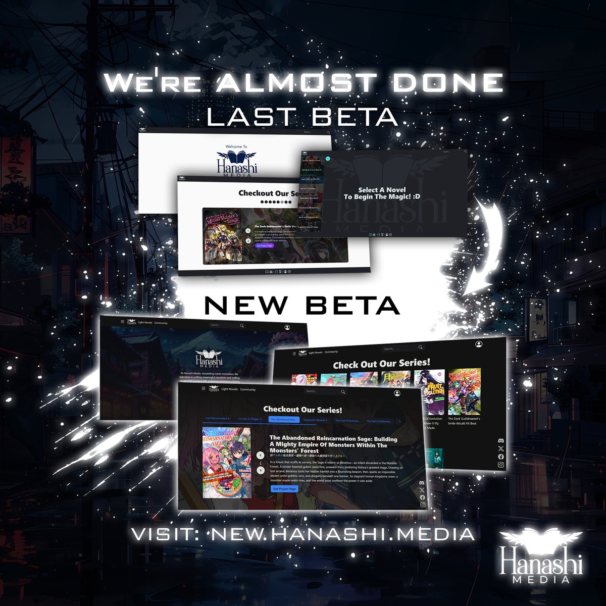 HanashiMedia's tweet image. 🚨 WE’RE ALMOST DONE! 🚨
Our new beta is LIVE! ⚡ Experience the evolution of Hanashi Media!
🔗 Try it now: new.hanashi.media
👀 Compare it with the last beta: beta.hanashi.media
🌐 And our current site: hanashi.media
🆕 What’s new:
1️⃣ Consistent dark theme…