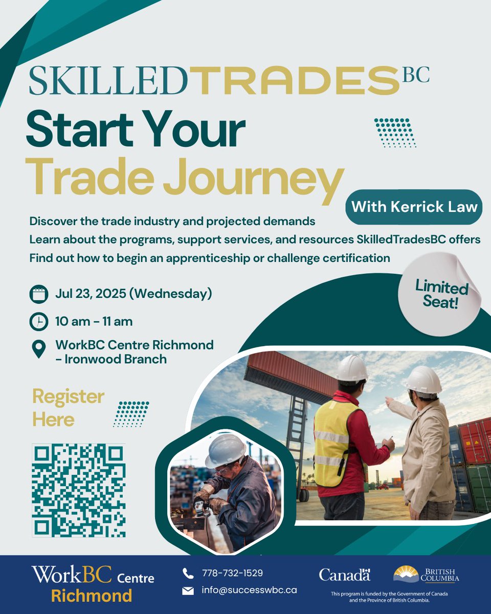 In collaboration with <a href="/SkilledTradesBC/">SkilledTradesBC</a>, we invite you to an exciting info session at WorkBC Centre Richmond No. 5, your first step toward a rewarding career in the skilled trades!

📅 Date: July 23, 2025
⏰ Time: 10:00 AM – 11:00 AM

#skilledtrades #CareerOpportunity #richmond