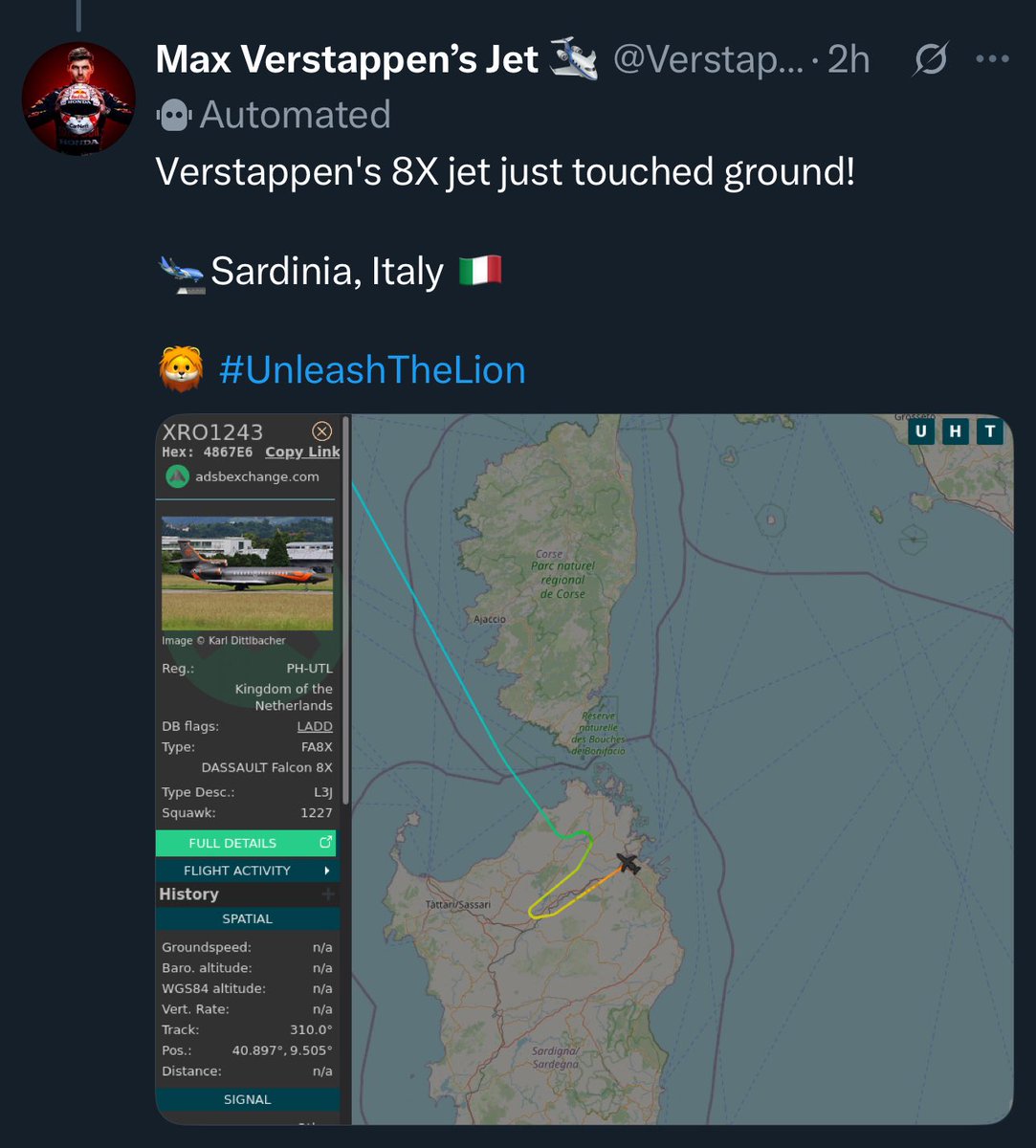 בתחילת השבוע, ראלף שומאכר התראיין וסיפר שטוטו וולף ומקס ורסטאפן ייפגשו בסרדיניה 🇮🇹 

נחשו איפה המטוס של מקס נחת לפני קצת יותר משעתיים 🛬