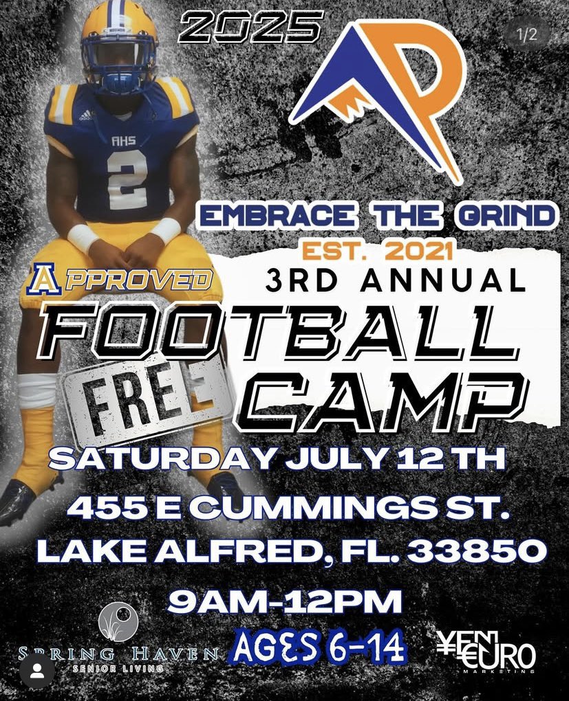 Hasani (H2) | Football Recruiting (@h2_recruiting) on Twitter photo 3rd Annual Artavis Pierce Embrace The Grind Football Camp
🚨 100% Free 🚨
Bring the Kids This Saturday
<a href="/Ap_Juice2/">Artavis Pierce</a> <a href="/Bloodhounds_AHS/">Auburndale Football</a> <a href="/PaulGreenFDN/">Paul Green Foundation</a> <a href="/purvisadamsonjr/">Purvis Adamson Jr.</a> <a href="/YenEuroMrktgINC/">¥en €uro Marketing INC</a> 3rd Annual Artavis Pierce Embrace The Grind Football Camp
🚨 100% Free 🚨
Bring the Kids This Saturday
<a href="/Ap_Juice2/">Artavis Pierce</a> <a href="/Bloodhounds_AHS/">Auburndale Football</a> <a href="/PaulGreenFDN/">Paul Green Foundation</a> <a href="/purvisadamsonjr/">Purvis Adamson Jr.</a> <a href="/YenEuroMrktgINC/">¥en €uro Marketing INC</a>