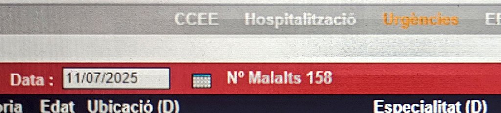 UrgenPSMar's tweet image. 11/08/2025
158 pacients a Urgències de l&apos;Hospital del Mar 
35 superen les 24 hores 
El més antic supera les 115 hores, té 83 anys.
No és familiar de gerents i gestors de @salutcat i @govern