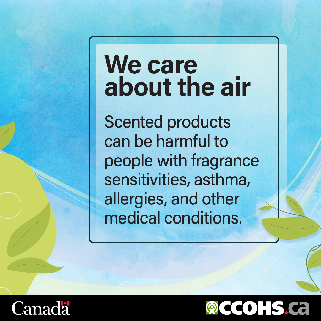 CCOHS's tweet image. Let’s clear the air about scented products at work. Perfumes, deodorants and lotions can be harmful to workers with fragrance sensitivities, asthma and allergies. Raise the air awareness in your workplace with this poster:  ow.ly/PYZk50Wonbe