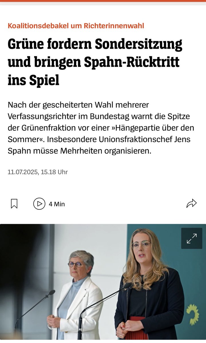 „Jens Spahn und Friedrich Merz müssen zeigen, dass diese Koalition noch über die notwendige Mehrheit im Deutschen Bundestag verfügt.

Wir können keine Hängepartie über den Sommer akzeptieren, in der das Land im Unklaren darüber ist, ob wir noch eine stabile Regierung haben.