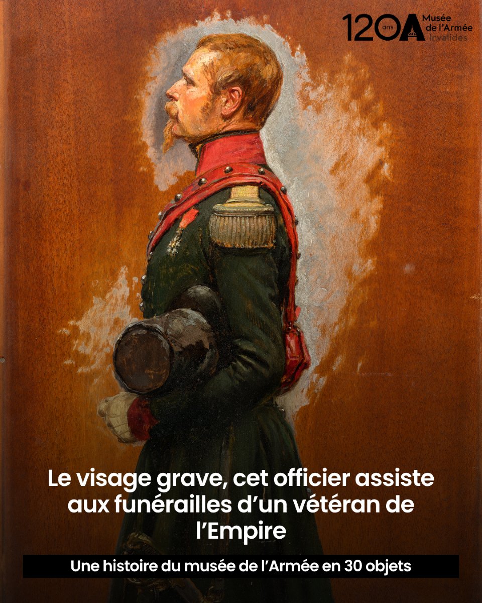 MuseeArmee's tweet image. [#120ans] 🖼️ Le visage grave, cet officier assiste aux funérailles d’un vétéran de l’Empire

🖌️Cette esquisse illustre, à travers la figure d’un colonel de chasseurs, une émotion individuelle à la croisée du deuil national.

🏛️Cette œuvre fait partie du fonds d’atelier légué par…
